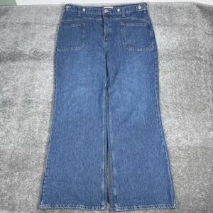 Free People Jeans Women's 33 Blue Denim Palmer Cuffed High Rise Wide Leg Baggy